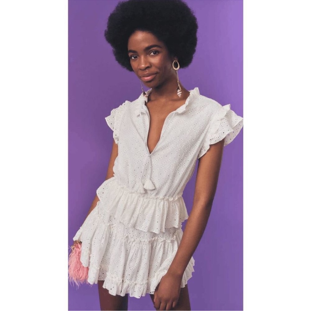 NWT MISA Iliana white cotton eyelet ruffle skirt mini dress size large‎